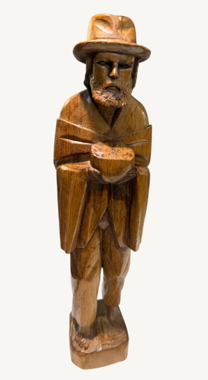 Vintage Hand Carved Wood Folk Art Bearded Man Holding Basket Figure 12"